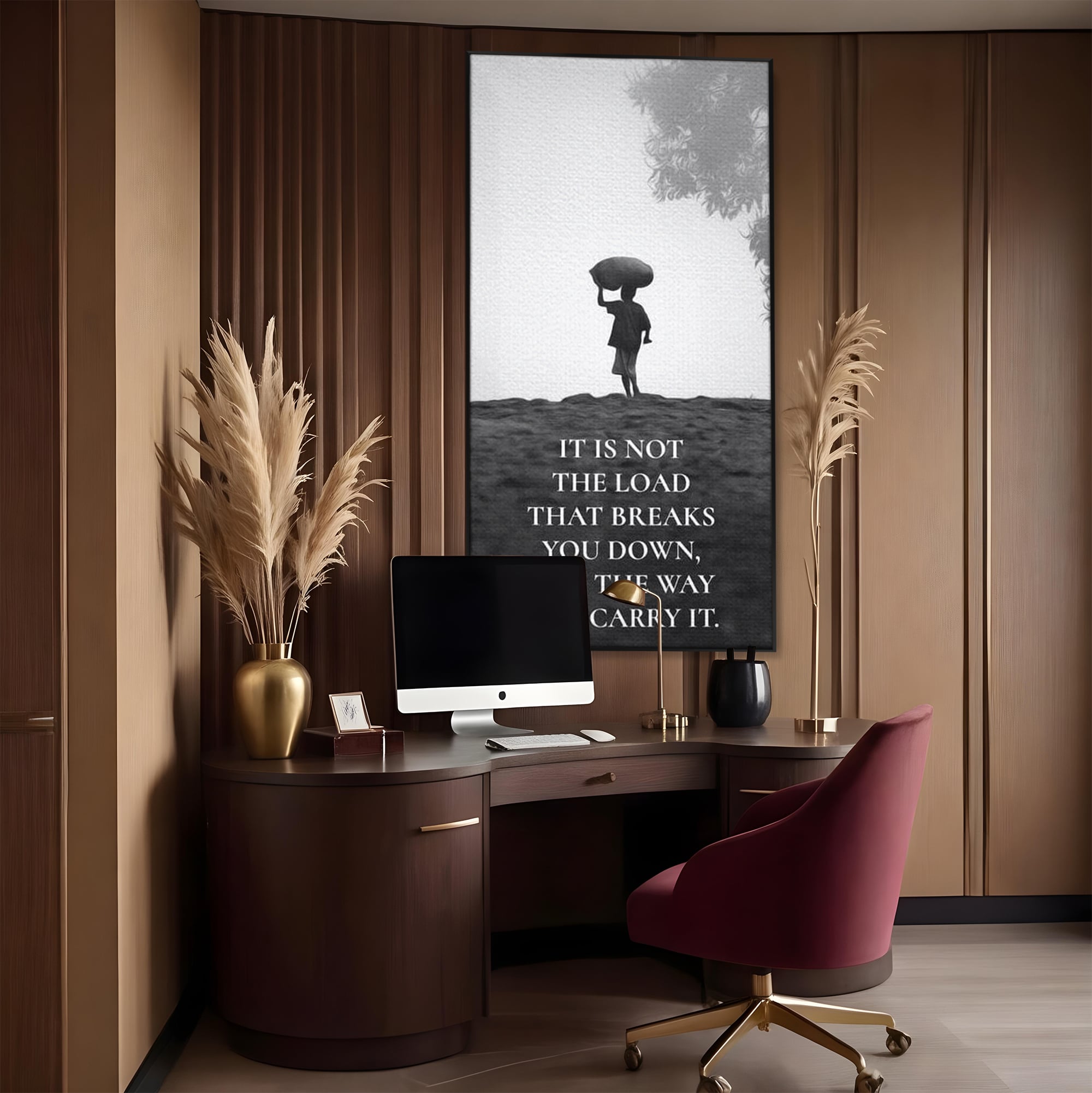Tablou canvas cu tablou motivational cu silueta si text, in rama de aluminiu negru, pe perete intr-un birou